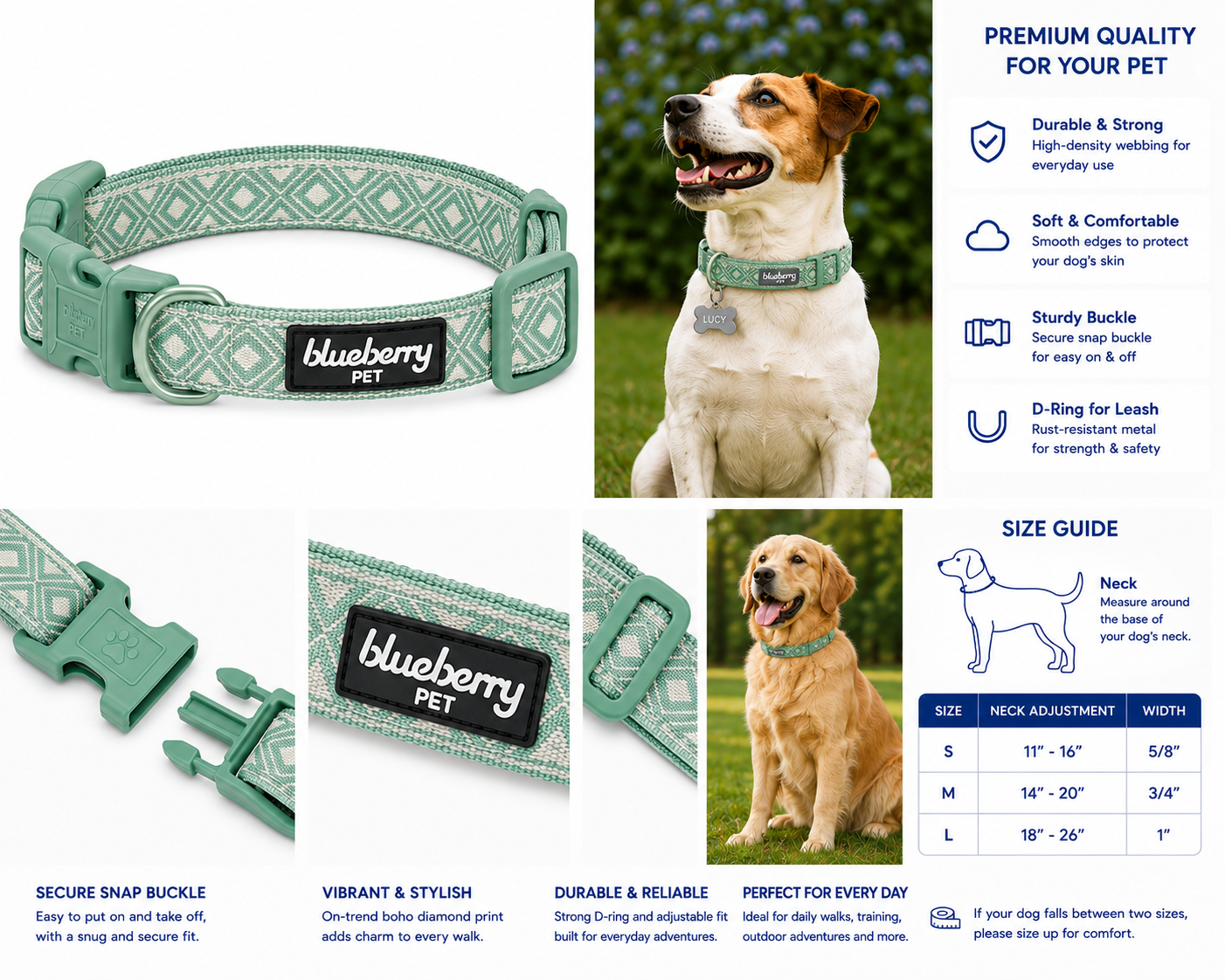 Green Boho Diamond Adjustable Dog Collar