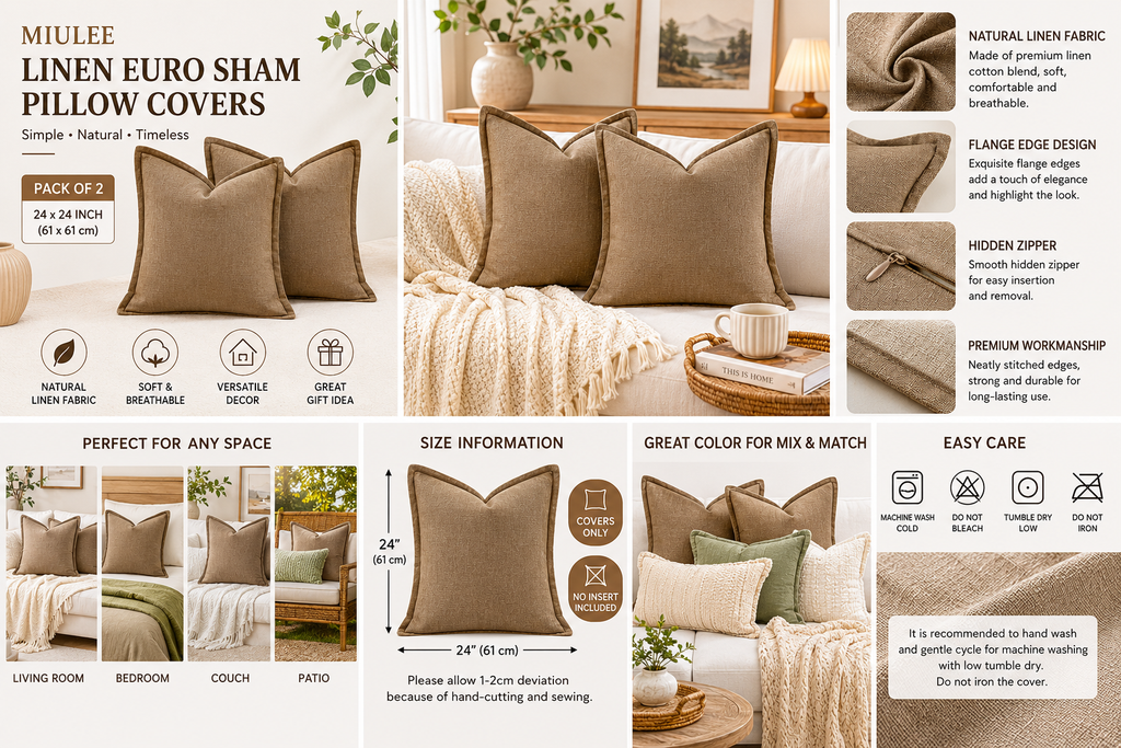 Khaki Linen Euro Sham Pillow Covers