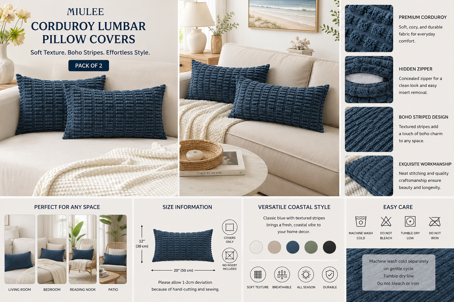 Blue Boho Lumbar Pillow Covers