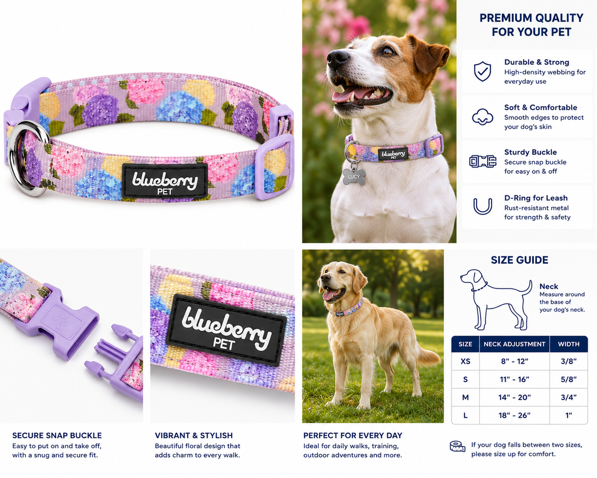 Blueberry Pet Rose Flower Print Padded Dog Collar
