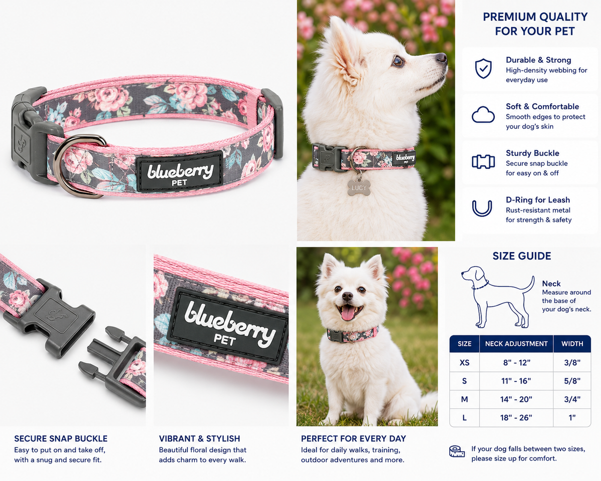 Blueberry Pet Rose Flower Print Padded Dog Collar
