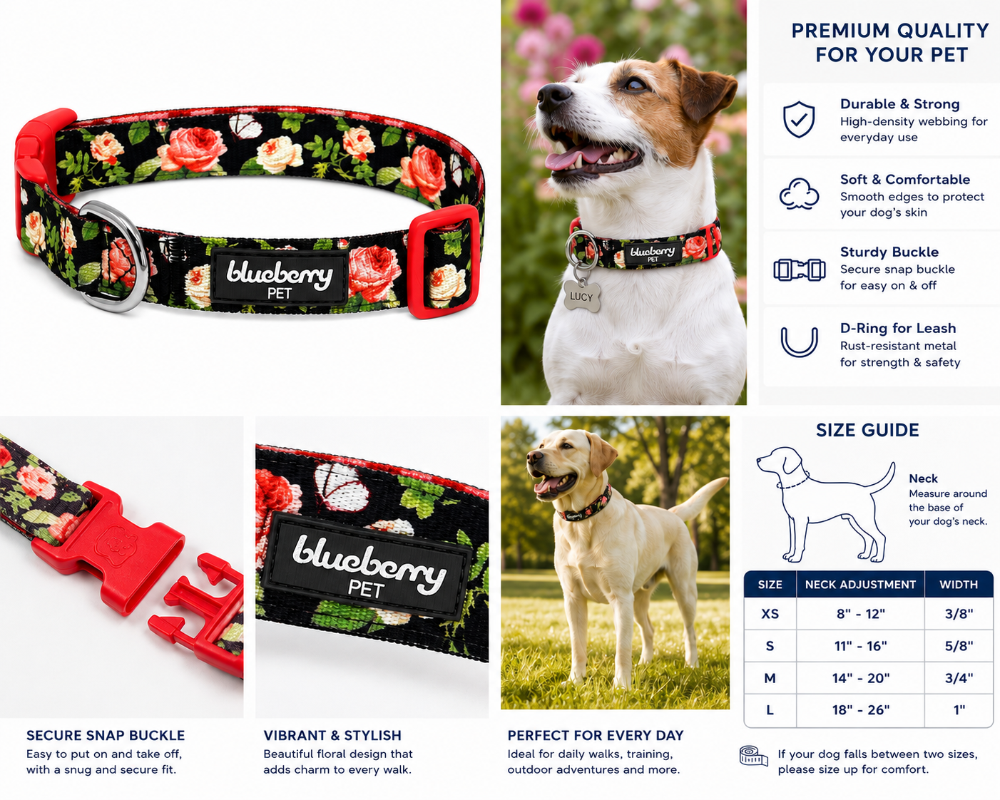 Blueberry Pet Rose Flower Print Padded Dog Collar