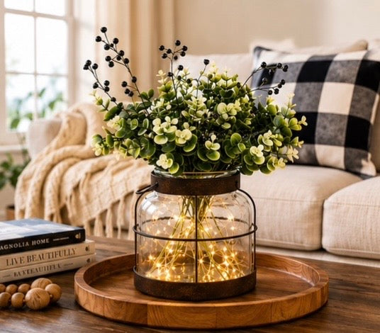 Vintage Farmhouse Glass Vase & Lantern Decor