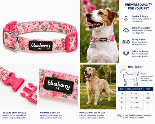 Blueberry Pet Rose Flower Print Padded Dog Collar